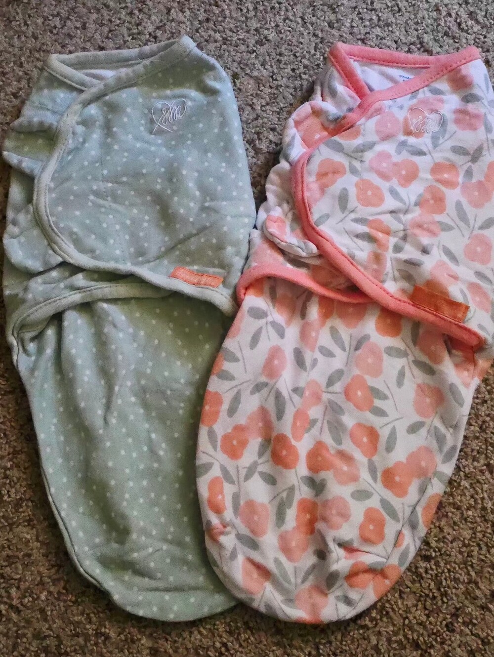 Swaddle Set Lot - Soft Pink Floral & Mint Dot Baby Swaddles Size SM/M